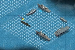 Kareli bir deniz haritası üzerinde yerleştirilmiş çeşitli savaş gemileri ve bir denizaltı