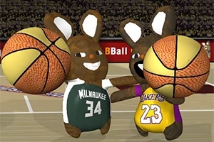 Basketbol sahasında üzerlerinde Milwaukee ve Lakers formaları olan iki tavşan, büyük basketbol topları tutuyor