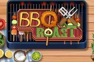 Mangal üzerinde çeşitli ızgara yiyecekler ve BBQ Roast yazısı bulunan bir görüntü