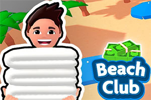Beyaz havlu yığınından gülümseyerek çıkan karakter, sahil arka planı ve Beach Club yazısı