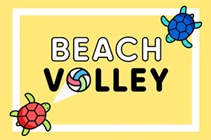 Sarı arka plan üzerinde Beach Volley yazısı ve çevresinde bir kırmızı ve bir mavi kaplumbağa