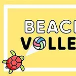 Sarı arka plan üzerinde Beach Volley yazısı ve çevresinde bir kırmızı ve bir mavi kaplumbağa
