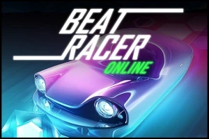 Uzay temalı bir yarış arabası, neon renklerle parlıyor ve üzerinde büyük bir Beat Racer Online yazısı bulunuyor