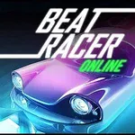 Uzay temalı bir yarış arabası, neon renklerle parlıyor ve üzerinde büyük bir Beat Racer Online yazısı bulunuyor