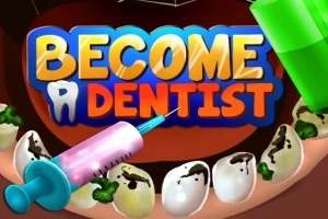 Açık ağızda kirli dişler ve BECOME A DENTIST yazısı ile tıbbi aletler
