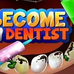 Açık ağızda kirli dişler ve BECOME A DENTIST yazısı ile tıbbi aletler