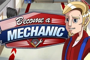 Sarı saçlı bir animasyon karakterinin yer aldığı, Become a Mechanic yazılı afiş