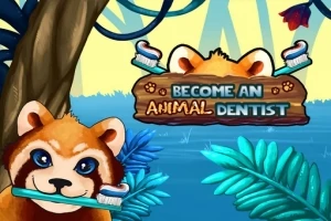Bir hayvanın önünde diş fırçası tuttuğu, çevresinde orman bitkilerinin ve Become An Animal Dentist yazısının bulunduğu renkli bir illüstrasyon