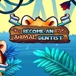 Bir hayvanın önünde diş fırçası tuttuğu, çevresinde orman bitkilerinin ve Become An Animal Dentist yazısının bulunduğu renkli bir illüstrasyon