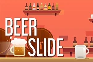 Kırmızı arka planlı bir bar ortamında, ön planda bir bira bardağı, arka planda şişeler ve fıçı ile Beer Slide yazısı bulunmaktadır