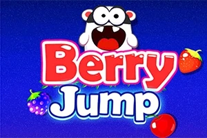 Mavi arka plan üzerinde büyük gözlü bir karakter ve çevresinde çilek ile diğer meyveler bulunan Berry Jump yazısı