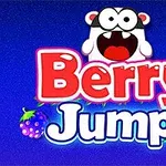 Mavi arka plan üzerinde büyük gözlü bir karakter ve çevresinde çilek ile diğer meyveler bulunan Berry Jump yazısı