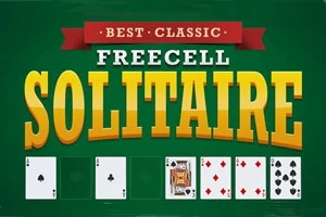 Yeşil arka plan üzerinde Best Classic Freecell Solitaire yazısı ve alt kısmında açık kart desteleri