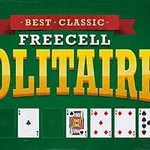 Yeşil arka plan üzerinde Best Classic Freecell Solitaire yazısı ve alt kısmında açık kart desteleri