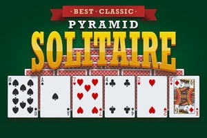 Kırmızı ve siyah kartlarla oluşturulmuş kağıt dizilimi önünde BEST CLASSIC PYRAMID SOLITAIRE yazısı