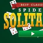 Yeşil arka plan üzerinde büyük harflerle Spider Solitaire yazısı, etrafında iskambil kağıtları ve bir oynat butonu bulunuyor