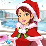 Kırmızı Noel kıyafeti ve şapkası giymiş, pencere önünde duran bir kadın, arka planda karla kaplı bir manzara ve kardan adam