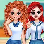Üç animasyon karakteri, öğrenciler okul kıyafetleri içinde gülümsüyor ve poz veriyor