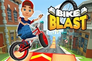 Kırmızı bisiklet süren mavi pantolonlu, kırmızı şapkalı genç bir çocuk şehir sokaklarında atlamada bulunuyor, arka planda renkli binalar ve Bike Blast yazısı görülüyor