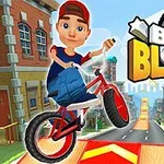 Kırmızı bisiklet süren mavi pantolonlu, kırmızı şapkalı genç bir çocuk şehir sokaklarında atlamada bulunuyor, arka planda renkli binalar ve Bike Blast yazısı görülüyor