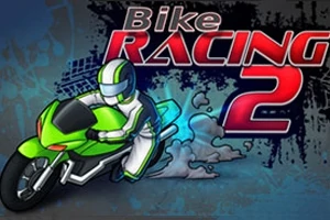 Yeşil ve siyah renkli bir motosiklet üzerinde yarışçı kaskı takan bir figür ve Bike Racing 2 yazısı