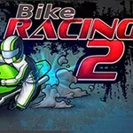 Yeşil ve siyah renkli bir motosiklet üzerinde yarışçı kaskı takan bir figür ve Bike Racing 2 yazısı