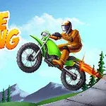 Yeşil bir motosiklet üzerinde turuncu kıyafetli bir motorcu, dağlık bir arka planda zıplarken gösteriliyor