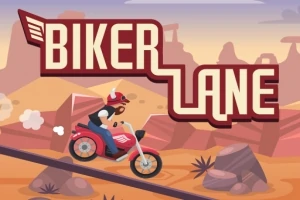 Kask takmış bir motosikletçi, çöl manzarası içinde kırmızı bir motosiklet sürüyor, arka planda BIKER LANE yazısı bulunuyor