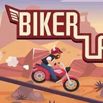 Kask takmış bir motosikletçi, çöl manzarası içinde kırmızı bir motosiklet sürüyor, arka planda BIKER LANE yazısı bulunuyor