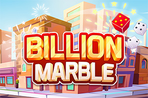 Renkli binaların önünde büyük harflerle Billion Marble yazısı ve havada iki zar gösteren bir illüstrasyon