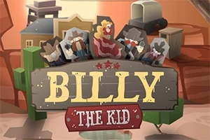Ahşap bir tabela üzerinde Billy The Kid yazısı ve arka planda kovboy figürleri