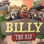 Ahşap bir tabela üzerinde Billy The Kid yazısı ve arka planda kovboy figürleri