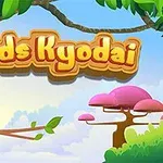 Renkli orman temalı bir arka planda dallarda oturan sevimli kuşlar ve üzerinde Birds Kyodai yazan bir başlık