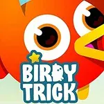 Turuncu ve kırmızı tonlarında, büyük gözlü bir kuş resmi ile Birdy Trick yazısı