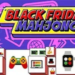 Kırmızı ve sarı renkte Black Friday Mahjong yazılı afişin altında alışveriş ve elektronik eşyaların resimlerinin bulunduğu bir arka plan