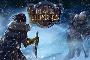 Karlı bir ortamda, kürklü bir pelerin giyen bir karakter elinde hançerle iskelet benzeri bir yaratığa karşı duruyor, üstte ise Black Thrones yazılı bir tabela bulunuyor