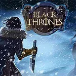 Karlı bir ortamda, kürklü bir pelerin giyen bir karakter elinde hançerle iskelet benzeri bir yaratığa karşı duruyor, üstte ise Black Thrones yazılı bir tabela bulunuyor
