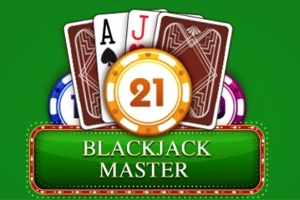 Yeşil arka plan üzerinde iskambil kağıtları, 21 yazılı bir fiş ve Blackjack Master metni