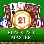 Yeşil arka plan üzerinde iskambil kağıtları, 21 yazılı bir fiş ve Blackjack Master metni
