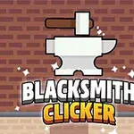 Tuğla duvar önünde bir örs ve çekicin üst kısmında parlayan yıldızlarla tasvir edilmiş Blacksmith Clicker yazısı