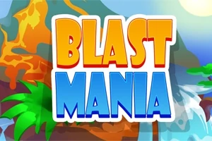 Renkli ve büyük harflerle BLAST MANIA yazısı, tropikal bitkiler ve yanardağ arka planıyla