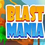 Renkli ve büyük harflerle BLAST MANIA yazısı, tropikal bitkiler ve yanardağ arka planıyla