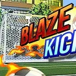 Alevler içindeki iki futbol topunun yanı sıra büyük puntolarla Blaze Kick yazısı yer alan bir futbol sahası