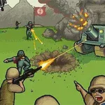 Asker kıyafetli karakterlerin, açık alanda tanklar ve patlamalarla savaş ortamında çatışma sahnesi