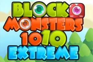 Renkli harflerle yazılmış Block Monsters 1010 Extreme metni, arka planda ağaçlar