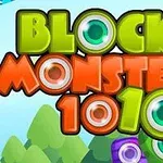 Renkli bloklardan oluşan Block Monsters 1010 yazısı ve arka planda çizgi film tarzı ağaçlar