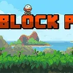 Büyük puntolarla BLOCK PILE yazısının üstünde duran beyaz şapkalı bir karakter ve arka planda deniz manzarasıyla çevrili yeşil bir ada