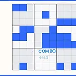 Mavi ve beyaz karelerden oluşan ızgara deseni, COMBO +64 yazısı ile birlikte