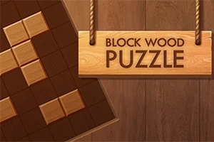 Ahşap bloklardan oluşan kareli bir zemin ve üstte Block Wood Puzzle yazılı ahşap tabela
