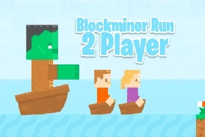Yeşil devasa bir figür ve iki küçük insan karakteri, ahşap kayıklar üzerinde dalgalı bir suyun üstünde, Blockminer Run 2 Player yazısının önünde duruyor